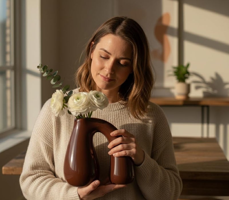 PROBENEX Brown Ceramic Decorative Pitcher Vase, 7.5 in – Glossy Sculptural Arch-Handle, Warm Earth-Tone Home Décor for Fresh or Dried Floral Arrangements, Table/Shelf/Entryway, Giftable - Image 3